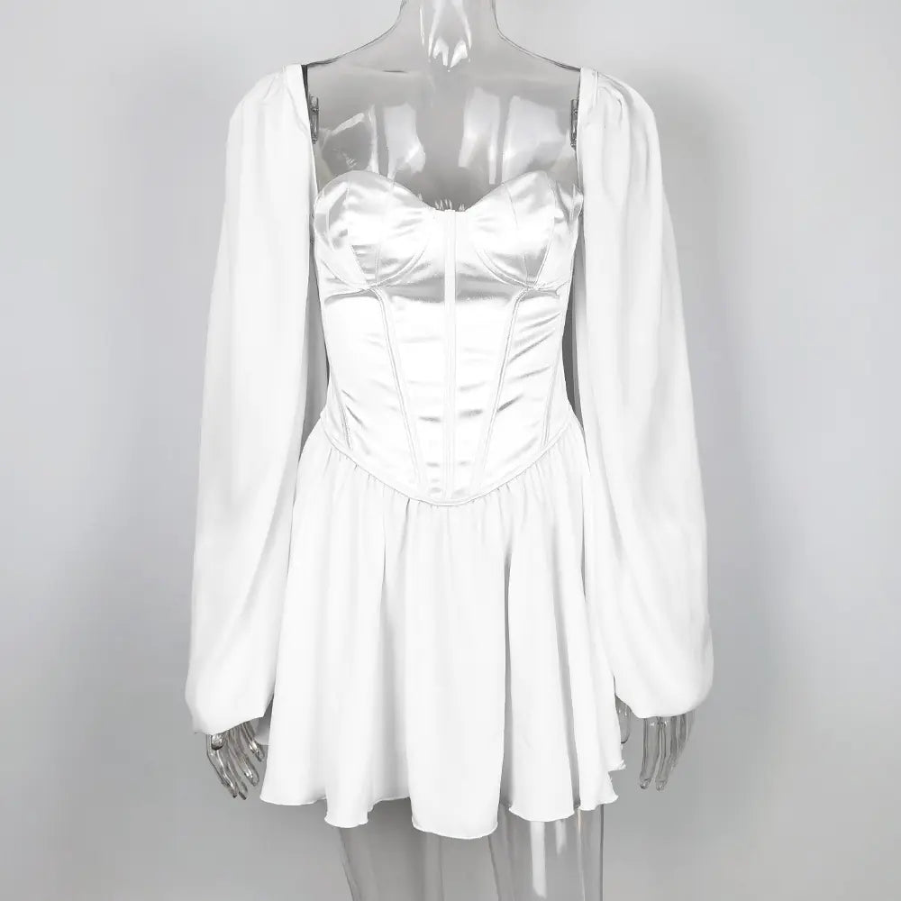 Chiffon Dress, Bodycon Dress, Lantern Sleeve Dress, White Dress