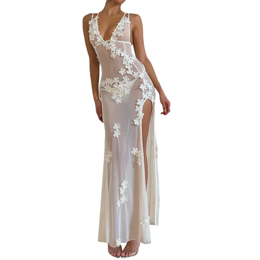 Women Fashion Sheer Mesh Sleeveless Dress Summer V Neck Flower Slit Party Dress for Cocktail Beach Club Streetwear