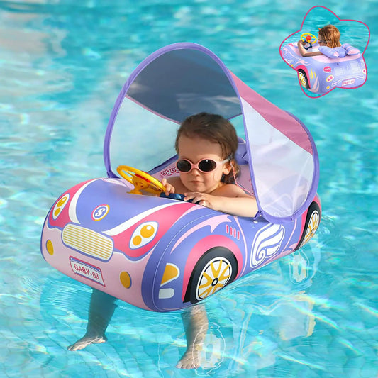 Baby Pool Float with Canopy PVC Baby Swim Float with Sun Shade Cover 3D Car Toddler Pool Float Swimming Floats Seat Boat for 12-18 12-24 Months Age 2-3 1-4 Years (Pink Canopy)
