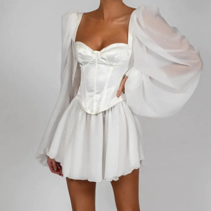 Chiffon Dress, Bodycon Dress, Lantern Sleeve Dress, White Dress